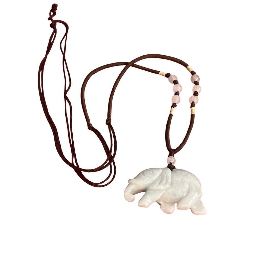 Elephant Light Green Jade Pendant Necklace Brown Cord Beads 26" Long 1" Pendant